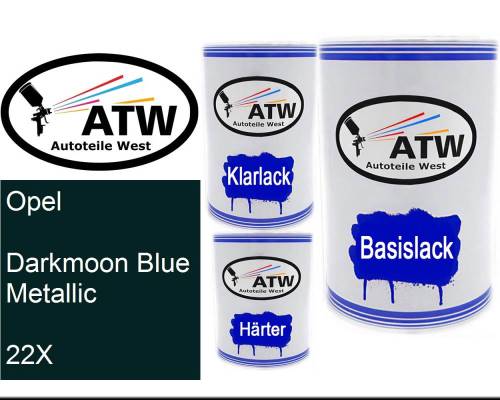 Opel, Darkmoon Blue Metallic, 22X: 500ml Lackdose + 500ml Klarlack + 250ml Härter - Set, von ATW Autoteile West.